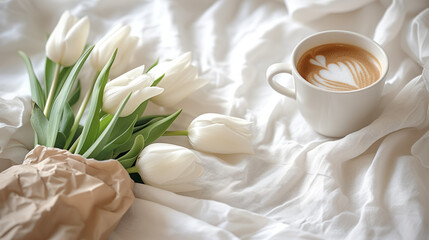 Elegant White Tulips and Coffee on Linen. Pristine white tulips wrapped in paper next to a cup of coffee on a linen backdrop. - obrazy, fototapety, plakaty