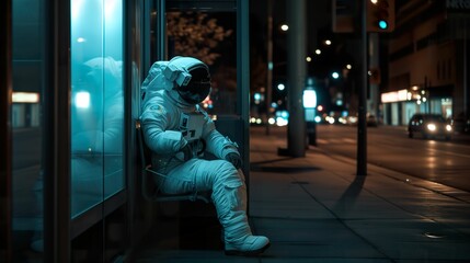 Cosmic Solitude, Astronaut Contemplating at Night Bus Stop - obrazy, fototapety, plakaty