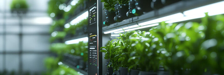 Robotic Agriculture Interface in Hydroponic Farm. High-tech robot monitors lush greenery in a vertical hydroponic farm. - obrazy, fototapety, plakaty
