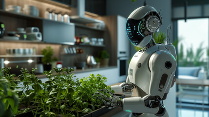 Domestic Robot Tending to Indoor Herb Garden. A domestic robot with a digital face is gently caring for an indoor herb garden, suggesting a blend of technology and sustainable living.
 - obrazy, fototapety, plakaty