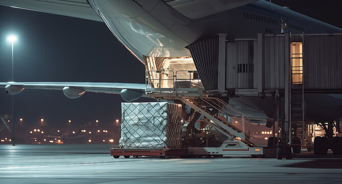 Nocturnal Cargo Loading at the Airport. Freight being loaded onto a plane at night.