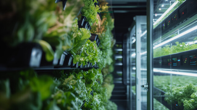 Robotic Agriculture Interface in Hydroponic Farm. High-tech robot monitors lush greenery in a vertical hydroponic farm.