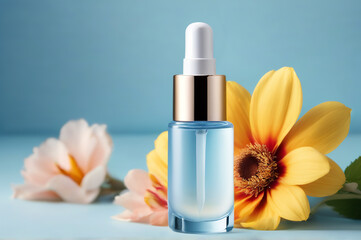 Obraz na płótnie Canvas Cosmetic Serum Face Care on Blue Background with Flowers - Woman's Day Close-Up