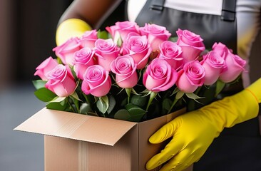 bouquet of roses. close-up, delivery of pink roses in eco packaging