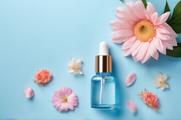 Obraz na płótnie Canvas Cosmetic Serum Face Care on Blue Background with Flowers - Woman's Day Close-Up