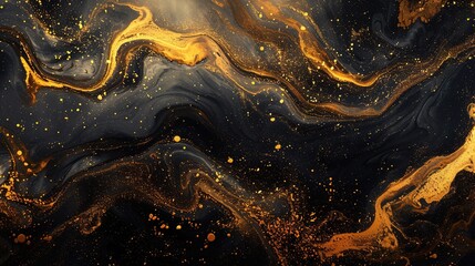 Pour in the same water with golden droplets glistening against a black backdrop. - obrazy, fototapety, plakaty