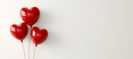 Red Heart-Shaped Balloons on Light Background. A group of glossy red heart-shaped balloons with strings floating on a light neutral background, concept for love, celebration, and Valentine's Day.