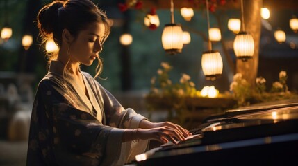 Obraz premium Portrait of a traditional Japanese female musician playing music