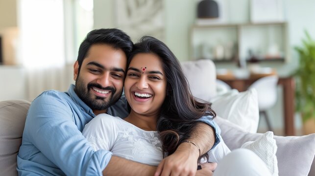Celebrating Parenthood, Happy Indian Couple Embracing at Home