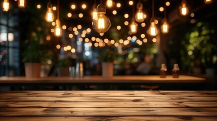 Wooden table with blurred background lights.