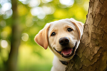 Labrador dog peeking out from behind a tree in summer
