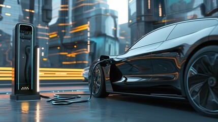 Fototapeta premium Innovative Electric Car Charging in Future Architecture Landscape