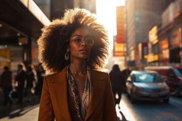 Generative AI image of Stylish afro woman in New York City