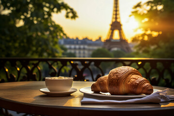 Generative AI illustration of morning breakfast with a fresh croissant and a cup of coffee on balcony overlooking the Eiffel Tower at sunrise