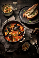 Gourmet seafood stew served with crusty bread Generative AI image