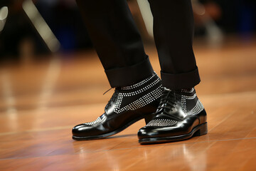Closeup of male feet in black shoes on the floor in a dance hall