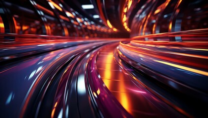 Fototapeta na wymiar Generative AI illustration of futuristic transit streamlined motion blur on a high-speed corridor with vivid neon streaks