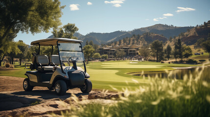 Generative AI image of a golf cart on a sunny golf course - Powered by Adobe