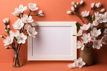 Generative AI illustration of white cherry blossoms in glass and ceramic vases with a blank picture frame on an orange background