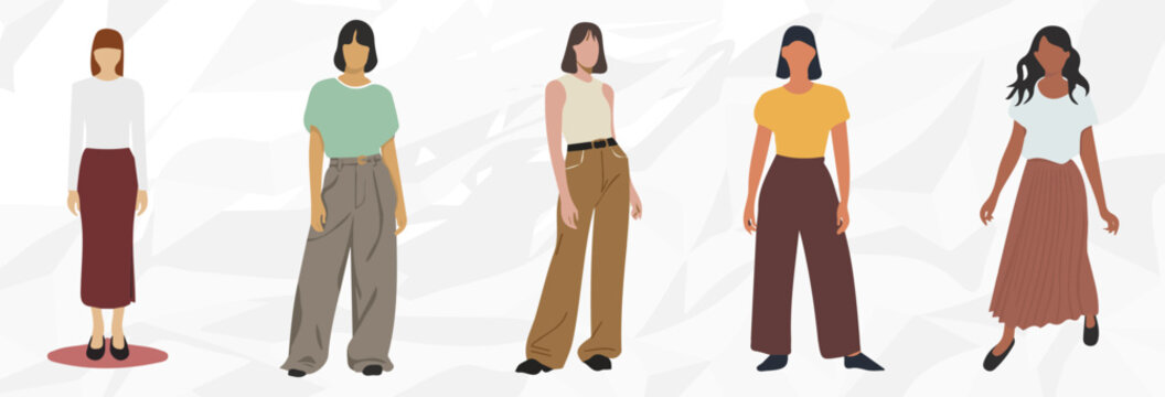 5 verschiedene minimalistische Frauen Illustrationen Vektor B&uuml;ndel / Modisch bekleidet / Weiblichkeit