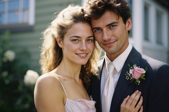 Generative AI image of a Caucasian woman and man in wedding attire, with a natural garden backdrop looking at camera