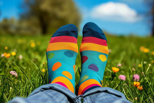 A pair of feet wearing brightly colored odd socks. Person wearing patterned socks with feet up. A man in crazy multi-coloured socks with feet. Odd socks day, anti-bullying week social concept.