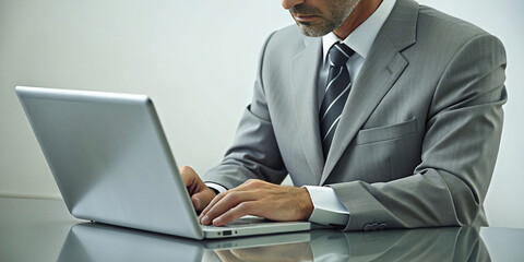 businessman in a suit successfully working on a laptop at his office desk, showcasing professionalism and technological expertise