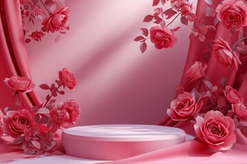 Podium for products presentation pink and red colors, with luxury background, roses theme