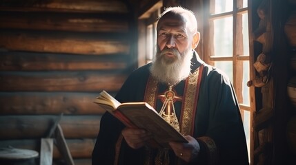 Orthodox priest in traditional robe holds open Bible standing in cell window sunlight