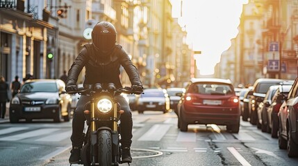 Motorcyclist exuding style and speed in urban traffic