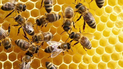 Fotobehang A bustling hive, bees working together to create perfect honeycombs. © Liaisan