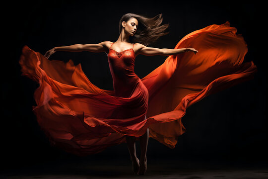 Young beautiful ballerina in red dress dancing on black studio background
