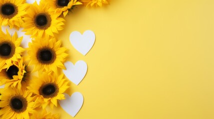 Abstract background with sunflowers and hearts. Love and romance theme.