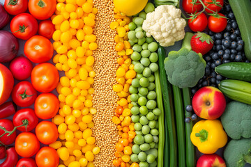 Colorful vegetables and fruits vegan food in rainbow colors. Assortment of Fruits and Vegetables...
