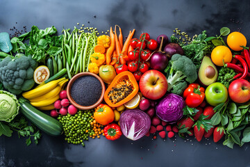 Colorful vegetables and fruits vegan food in rainbow colors. Assortment of Fruits and Vegetables...