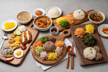 young summer radish kimchi bibimbap, bibimbap, chwinamul, radish greens, braised pork and kimchi, steamed kimchi, side dishes, Korean food, vegetarian food, traditional food