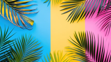 Fototapeta na wymiar Tropical palm leaves painted with unusual colors and a bold, colorful background.