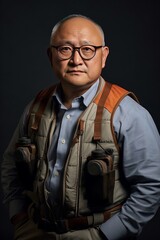 Adult asian mid-aged man wearing vest with lots of pockets. He stands with glasses and looks into the camera