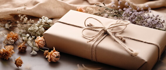 A gift, a present with natural unbleached colored paper wrapping. 