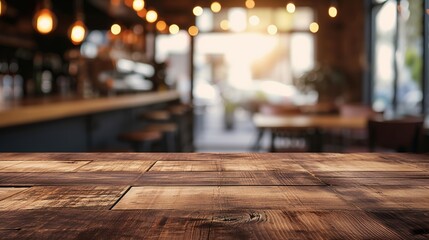 Warm light bathes the rustic wooden tables and exposed brick walls of a cozy restaurant interior. - obrazy, fototapety, plakaty