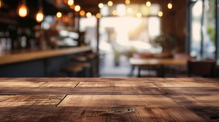 Foto op Canvas Warm light bathes the rustic wooden tables and exposed brick walls of a cozy restaurant interior. © Wp Background