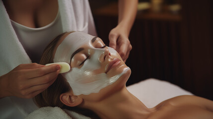 a luxurious spa beauty salon, a talented beautician expertly applies a white moisturizing mask to the face of a young girl client