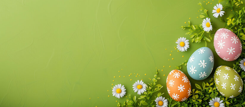 flat lay easter on the green background