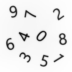 Black numbers from 0 to 9 on a white background, top view. Abstract numbers from zero to nine, banner. 3D render
