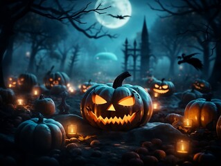 Halloween pumpkin lights on a full moon