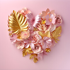 Floral gold heart on pink background, in the style of sculptural paper constructions, leaf patterns