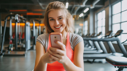 Fototapeta na wymiar sporty woman using phone after fitness workout in gym. Young smiling woman using phone during the break in gym , Generative AI