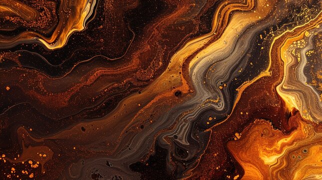 Dark golden background of abstract fluid art.