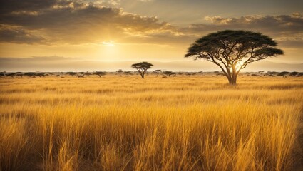 Yellow fields in Kenya and beautiful sunrise in the Maasai Mara, Kenya during the summer.
