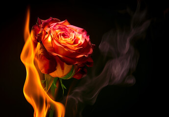 Rose burning in flames next to black background, bright backgrounds